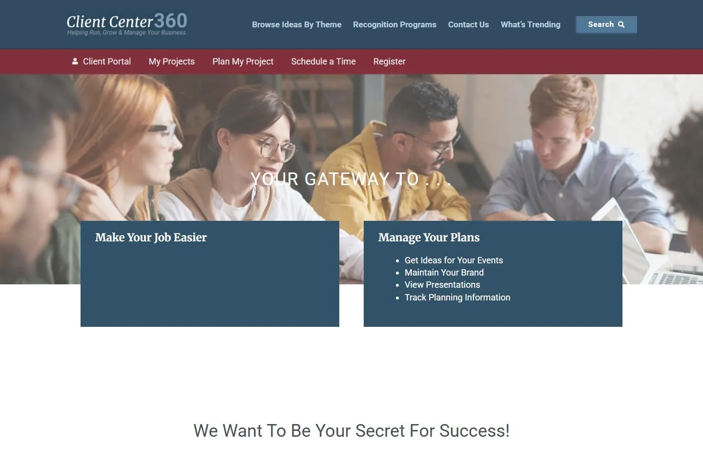 Current website view for ClientCenter360