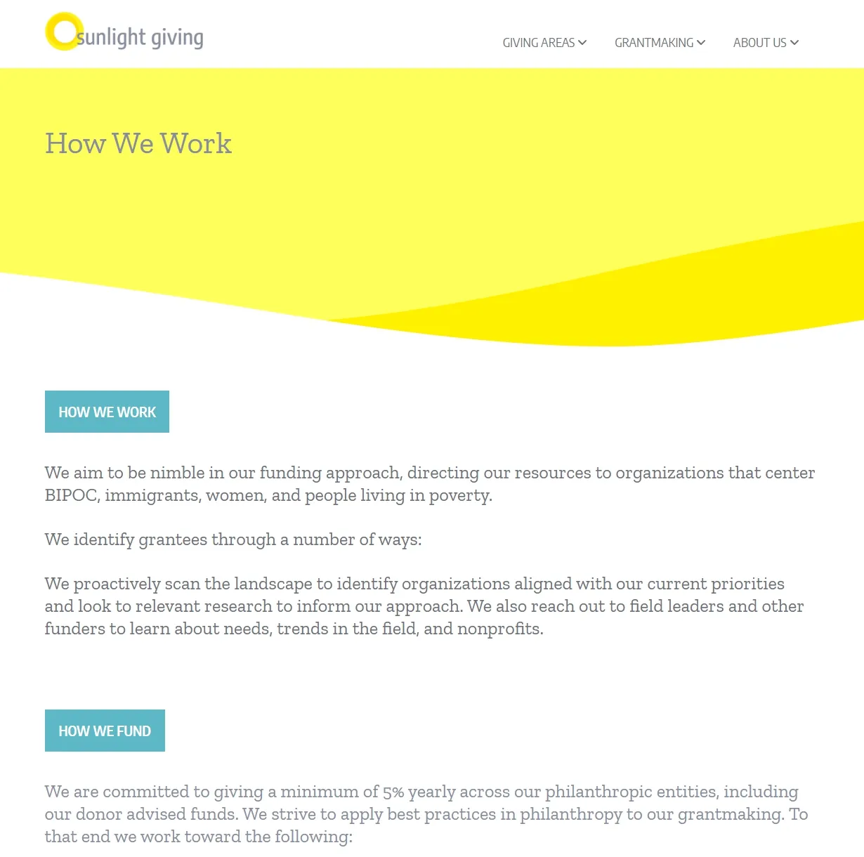 Current website view for Sunlight Giving